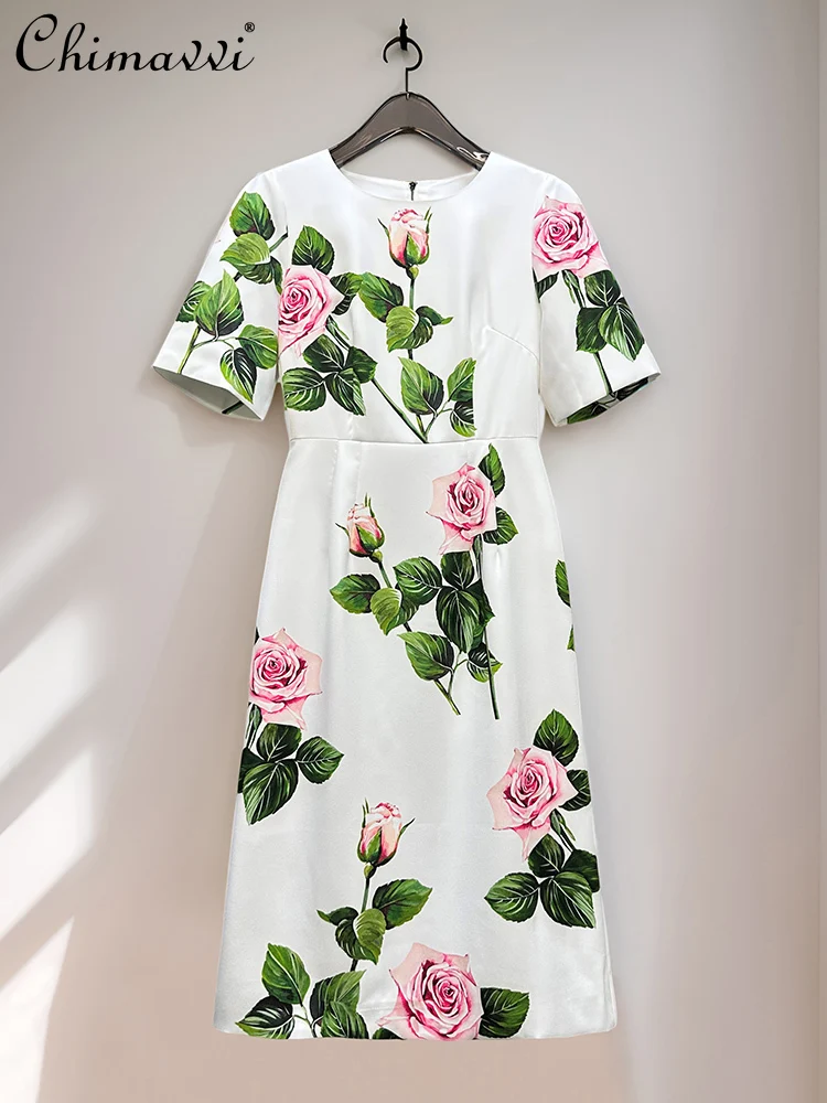 

French Elegant Sweet Socialite Summer Dresses Crew Neck Short Sleeve Printing High Waist A-line Temperament Evening Dress Women