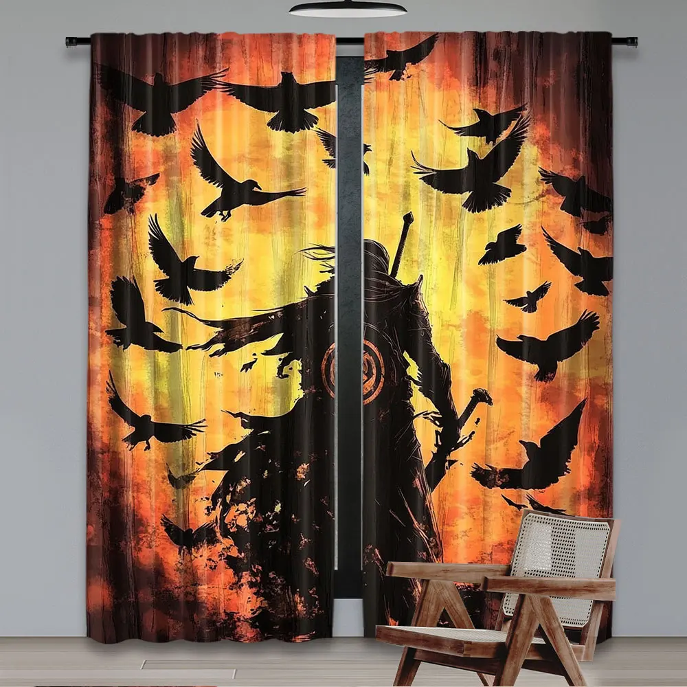 2Pcs Japanese Anime Samurai Windows Curtains Crow Curtain Theme For Living Room Bedroom Modern Simplistic Drapes