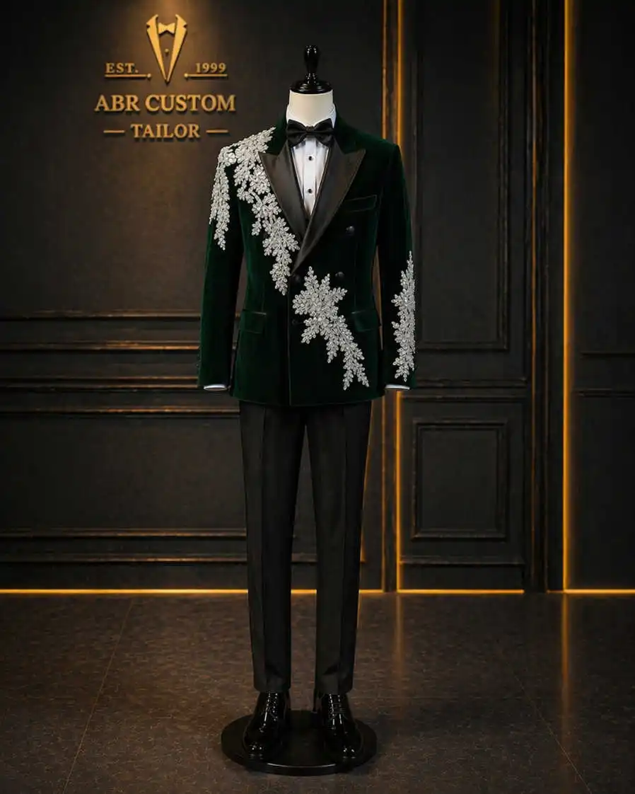 Design Wedding Tuxedos Crystal Velvet 2 Piece Set Jacket Pant Men Suit Gentleman Peaked Lapel Evening Blazer Customized