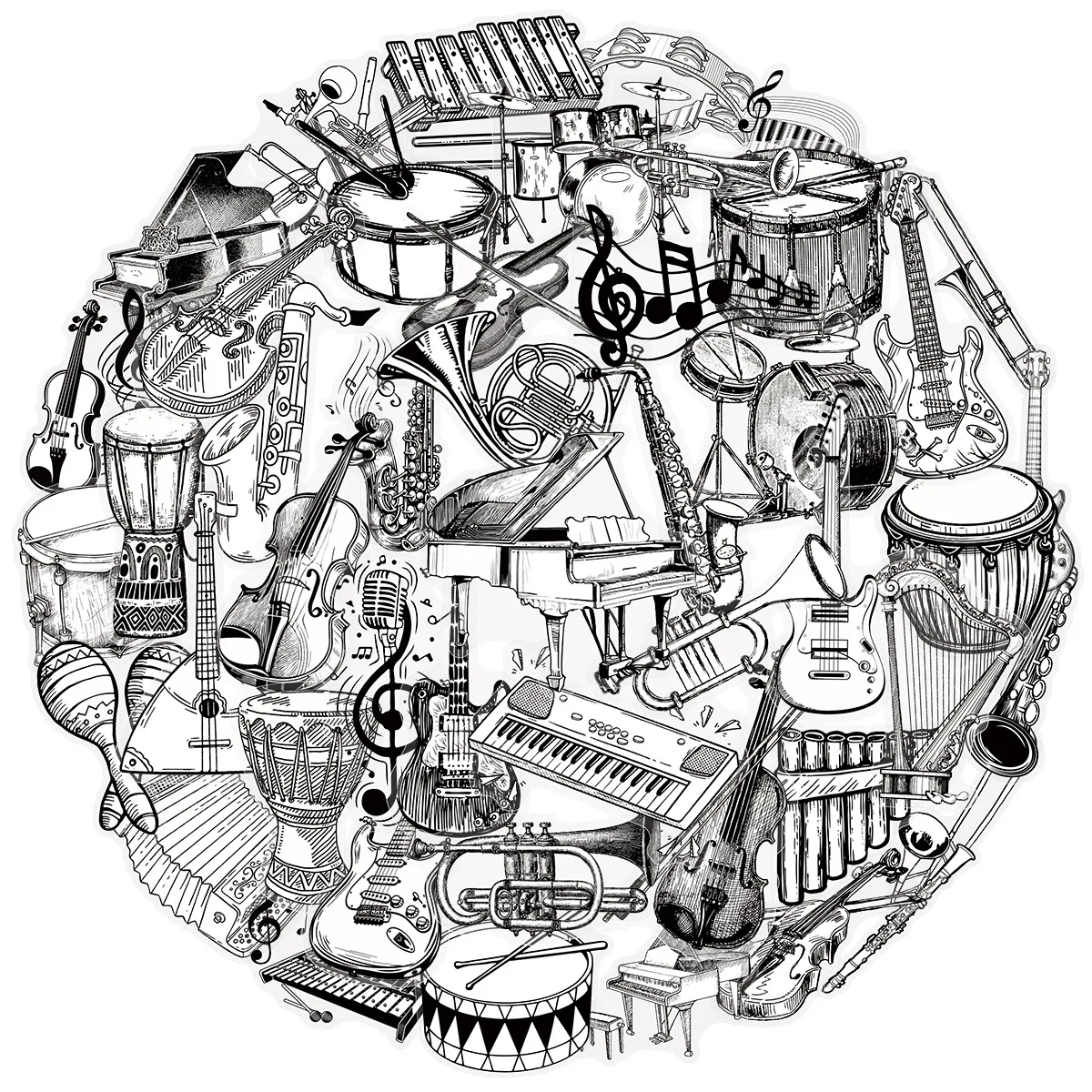 10/50PCS Black and White Musical Instruments Piano Guitar PET Decoration iPad Phone Case Laptop Waterproof Stickers Kids Toy