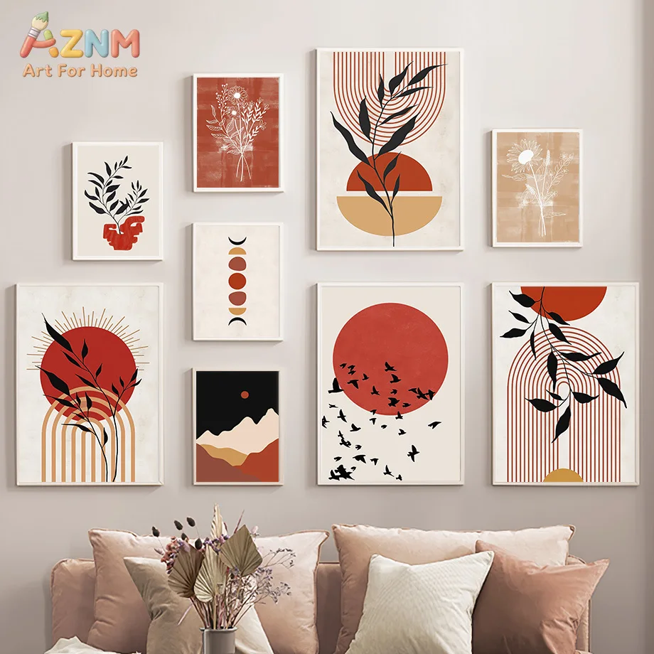 AZNM Boho Red Sun Abstract Botanical Geometric Canvas Poster, Frameless Modern Aesthetic Wall Art For Living Room Sofa Side Home