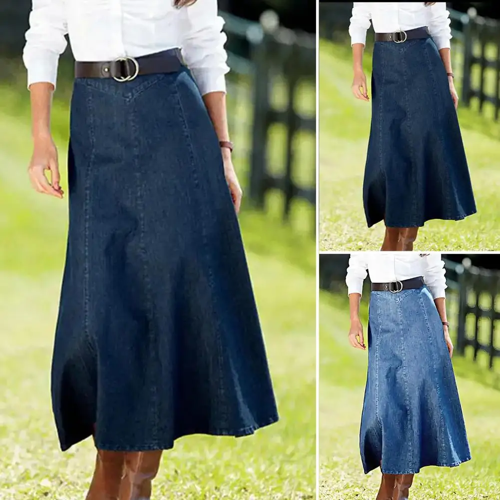 

Denim Midi Skirt H-Line High Waist Skirts Spring Summer Loose Large Hem Midi Skirt Solid Color Pockets Lady Denim Maxi Skirt
