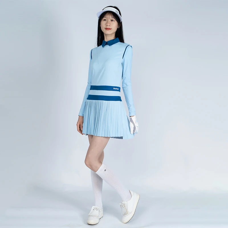 Golfist Women Long Sleeve Golf Dress Slim Turn Down Collar Dress With Small Ball Bags Ladies Patchwork Pleated Golf Short Skirt