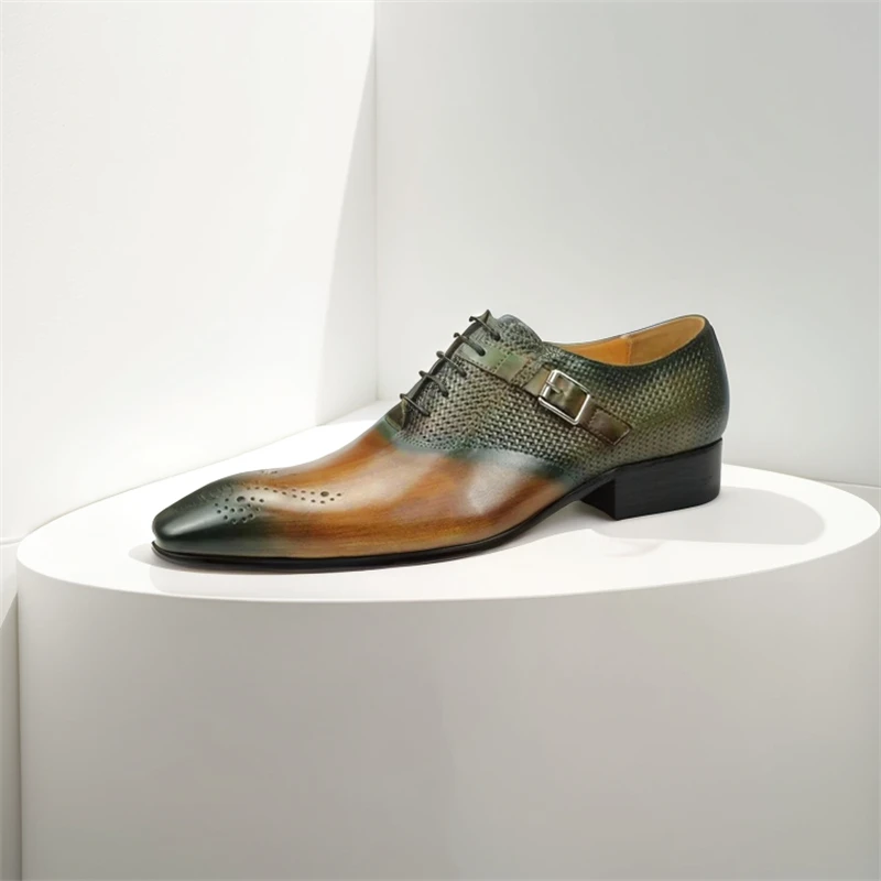 

Dress Shoes Men Calfskin Leather Lace Up Buckle Strap Black Pointed Toe Formal Business Wedding Shoes Handmade