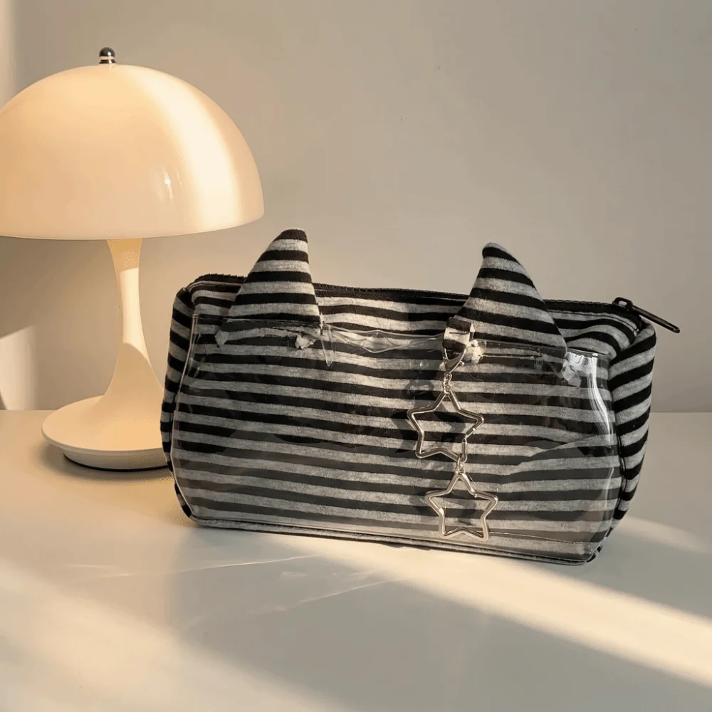 Multi-functional Striped Pencil Case Clear PVC Rabbit Ear Stationery Organizer Black and Gray Large Capacity Pencil Pouch Girl