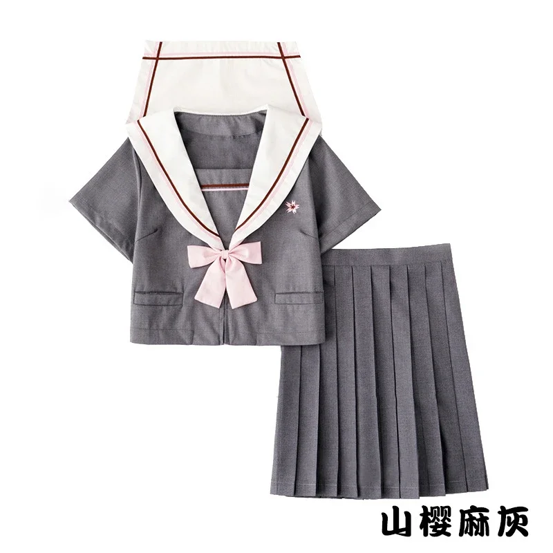 Uniforme scolastica coreana Ragazza Jk Abiti da marinaio Grigio rosato Due linee Set corto giapponese Gonna a pieghe Costume da laurea Donna