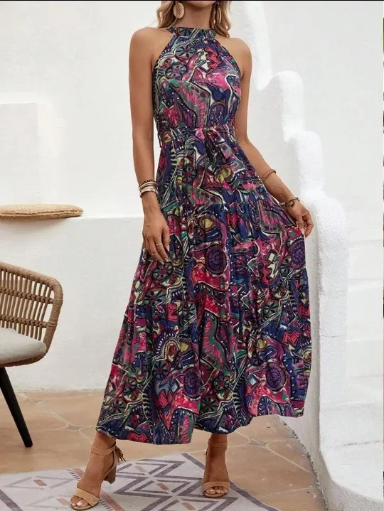 

Women's Elegant Dress Spring/Summer 2024 Hanging Neck Sleeveless Fashion Casual New Bohemian Vintage Style