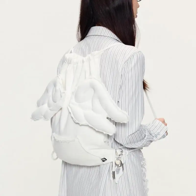 Original Angel Filled Cotton Three Dimensional Wings Hairy Edge Personalized Backpacks Simple Casual Bundle Drawstring Women Bag