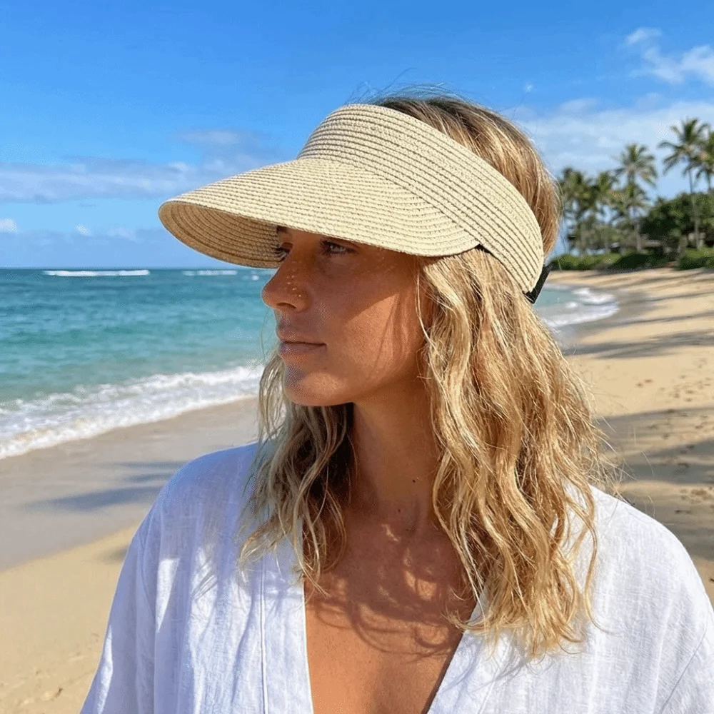

Simple Solid Color Straw Sun Cap Breathable Adjustable Summer Visors Hat Empty Top Hat Ponytail Cap Wide Brim Beach Hat Summer