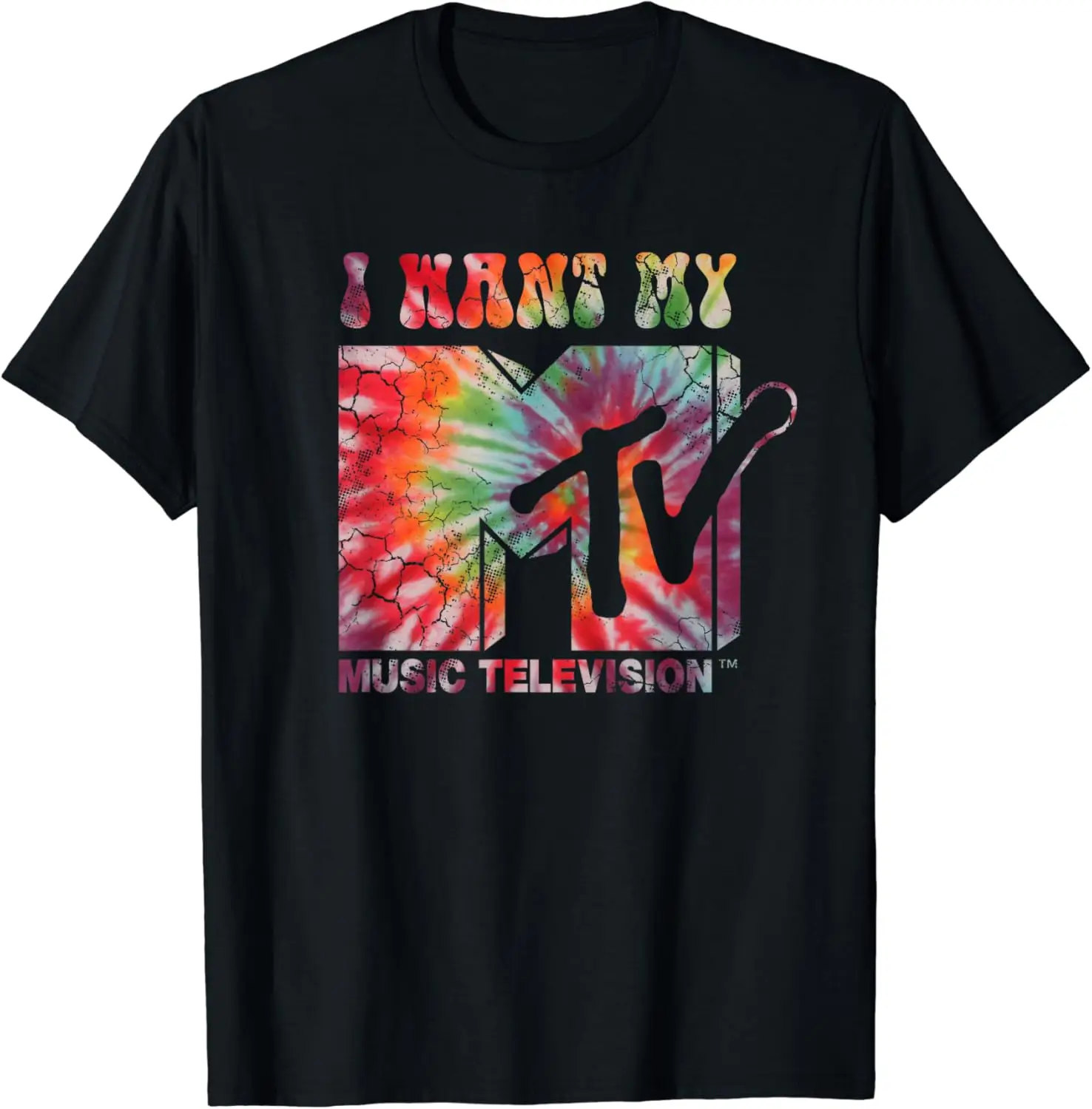 Mademark x MTV - I Want My MTV Retro Tie Dye T-Shirt Casual O-Neck Tee Shirts Streetwear