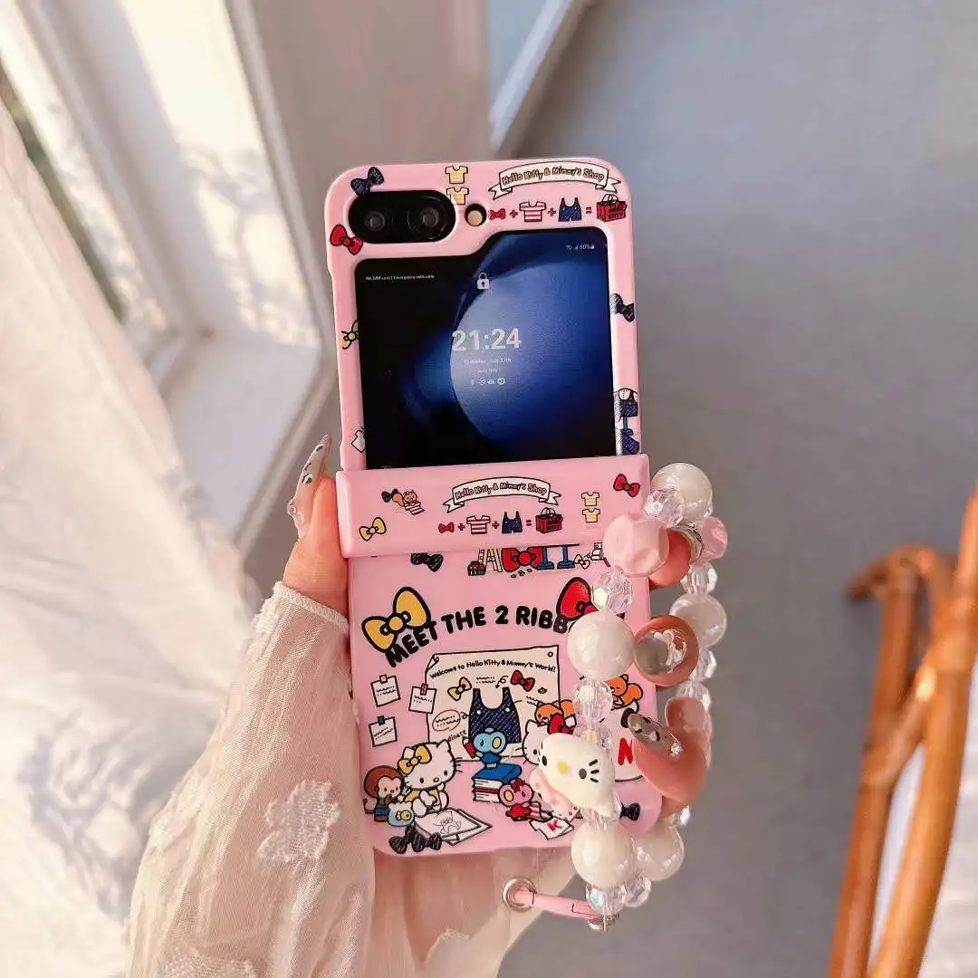 Kawaii Y2K لطيف مرحبا كيتي جراب هاتف لسامسونج غالاكسي Z فليب Z فليب 7 6 5 4 3 Zflip6 Zflip5 Zflip4 Zflip3 كاندي فوندا