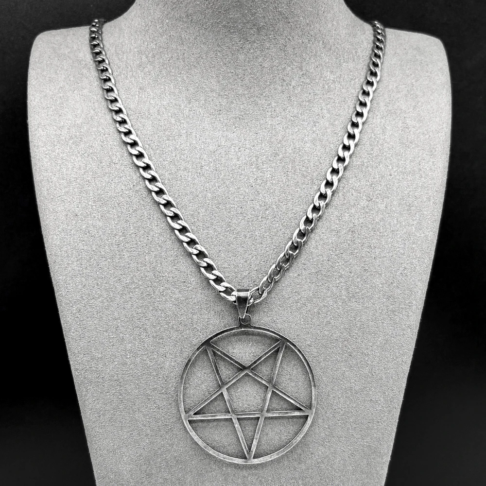 Gothic Hexerei Satan Pentagramm Edelstahl Kette Halskette für Frauen Männer Schwarz Farbe Charme Große Anhänger Halskette Schmuck – Detail 5