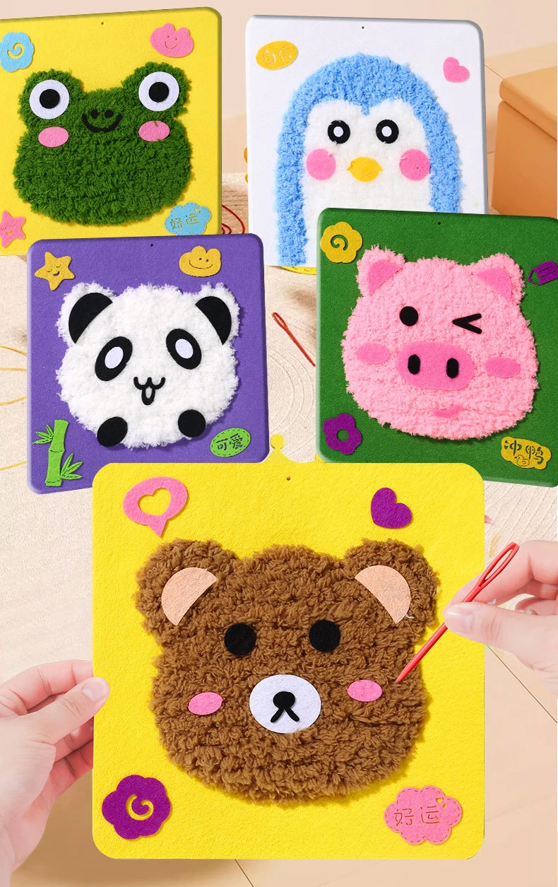 Cute Cartoon Animal Punch Needle Embroidery Kit for Beginners Soft Yarn Needlework Girl DIY Craft Sewing set Pig rabbit bear