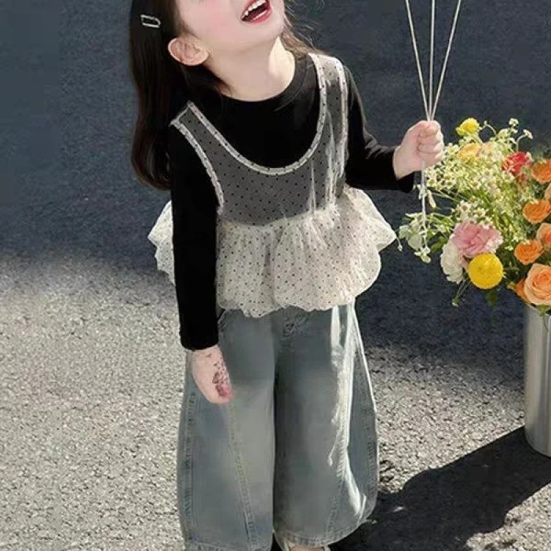 

Girls' Korean-style sweet outfit, new spring and autumn children's fashionable polka dot mesh bud vest top and pants