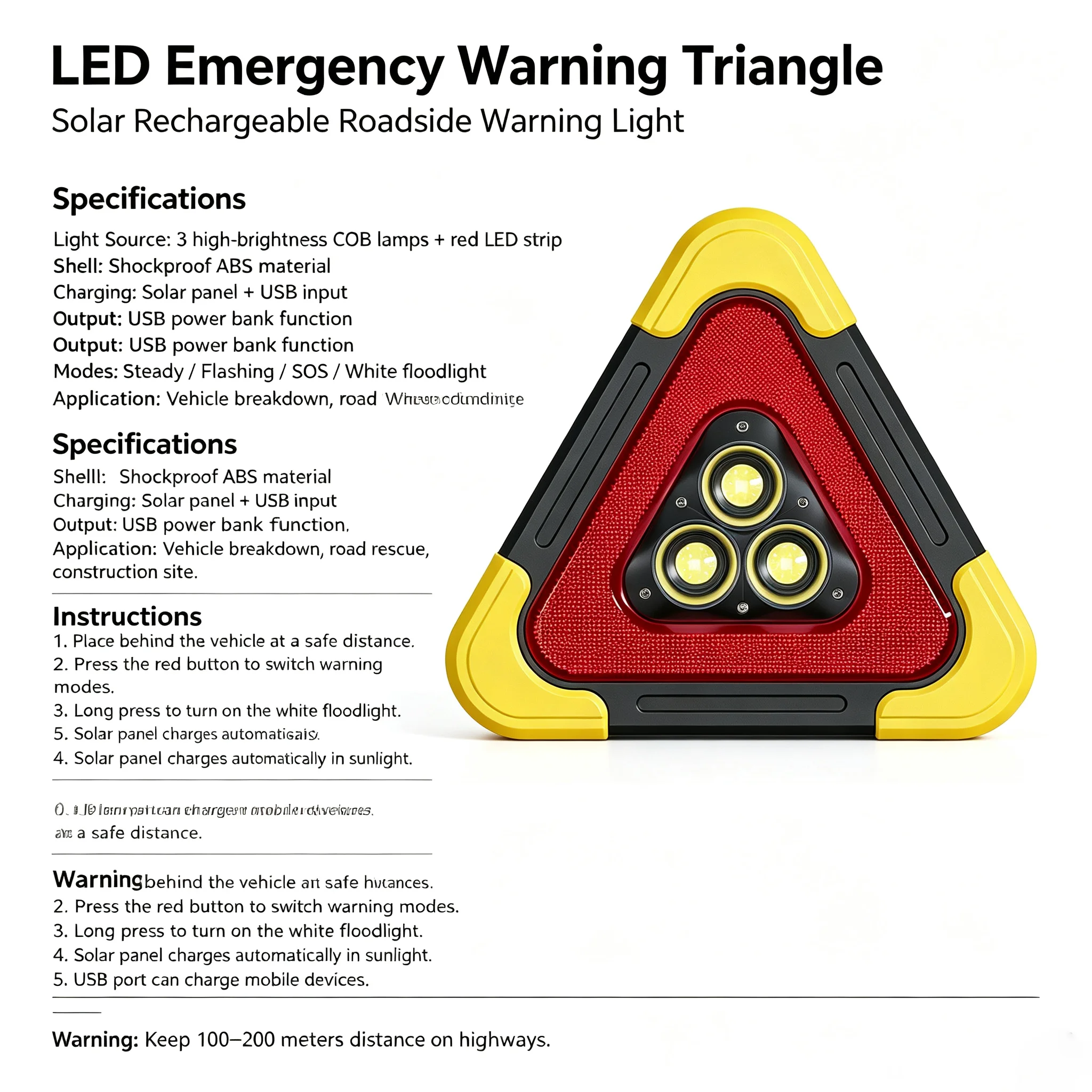 3 in 1 Solar Emergency Triangular Warning Light Safety Emergency Breakdown Alarm Lamp Portable Solar Light For Camping Workin