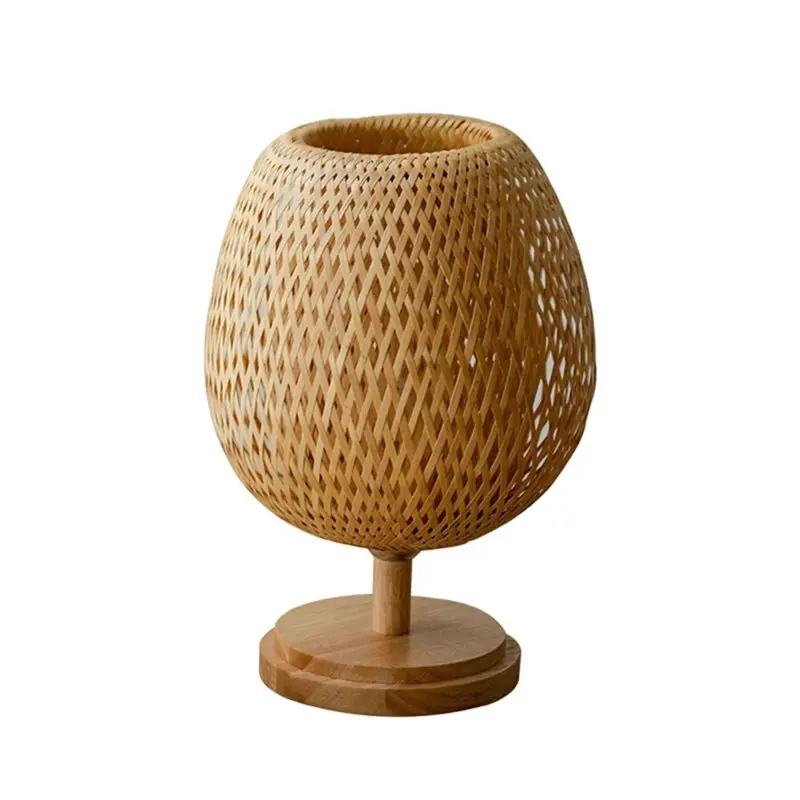 A20F-Vintage Rattan Handmade Desk Light Bamboo Table Lamp E27 Bulb For Bedroom, Living Room Bedside Decor US Plug