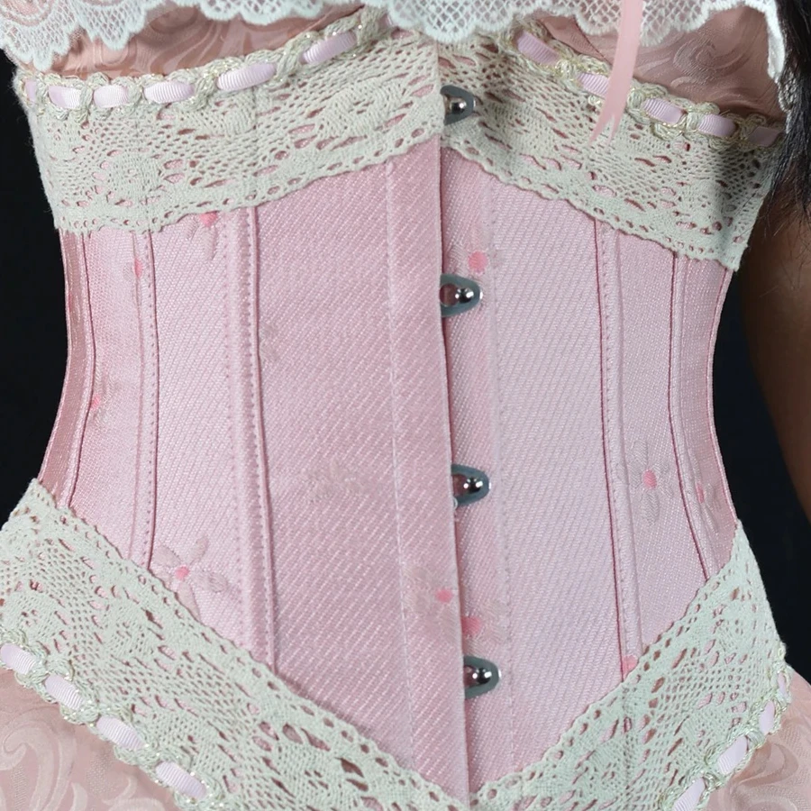 

Short Pink Jacquard Embroidery Floral Lace Underbust Corset Palace Princess Lolita Bustier Control Waist Trainer Top