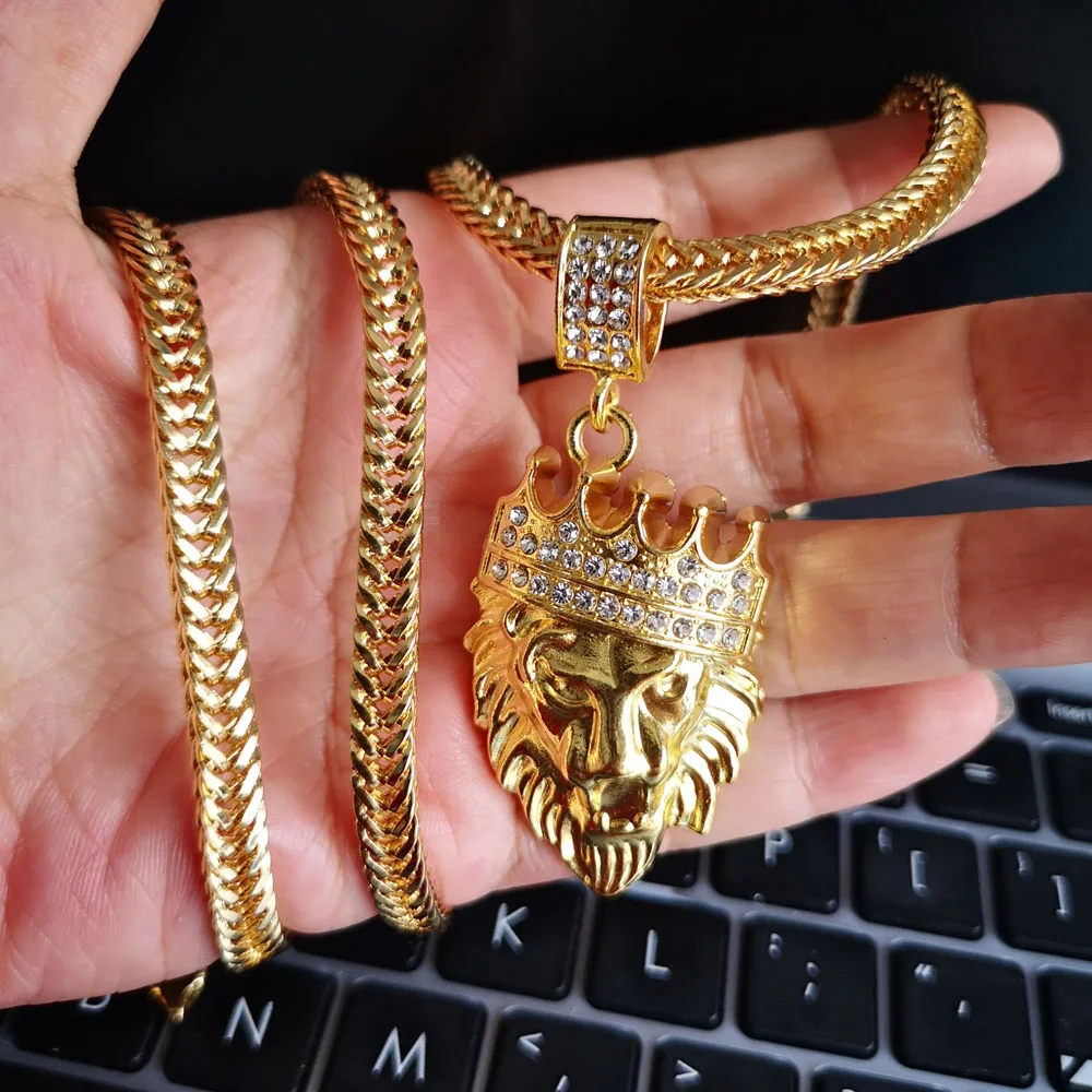 Hip Hop Rapçi Bling Buzlu Out Rhinestones Serin 3D Aslan Kafası Yüz Parçası Kolye Kolye Zinciri Erkek Kadın Taç Takı