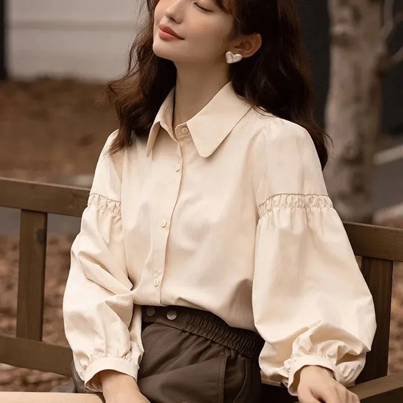 Korean Fashion Women\'s Blouses 2023 Spring Autumn Single Breasted Tops Clothes for Women Solid High Street Lantern Sleeve Shirts