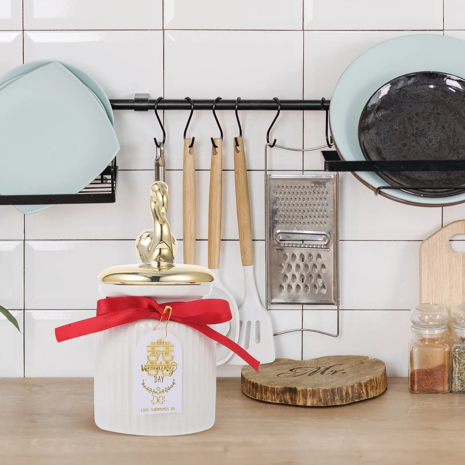 

Ceramic Storage Jar Kitchen Cartoon Design Bowknot Ribbon Decorative Multi-Function Container for Tea Candy Dry Food