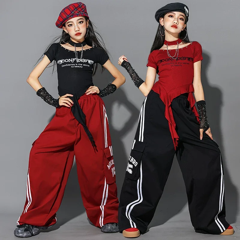Ragazze K-pop Crop Top Street Dance Pantaloni larghi Cool Hip Hop Jazz Abiti a maniche corte Set Gruppo Streetwear Spettacolo teatrale Costume