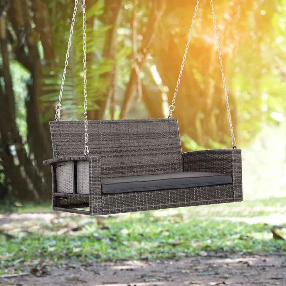 

2 Person Wicker Hanging Swing Bench, Front Porch Swing Outdoor Chair with Cushions 550 lbs. Weight Capacity for Backyar