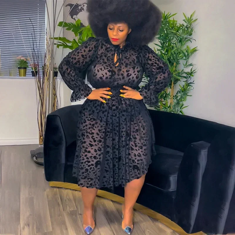 

KEXU See Through Sheer Mesh Sexy Plus Size Women Irregular Dress Ladies Elegant Leopard Print Evening Night Party Club Dresses