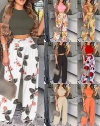 Conjunto de dos piezas con estampado de moda de verano para mujer, Top sin mangas, pantalones de pierna ancha, conjunto de dos piezas para mujer, traje de 2 piezas