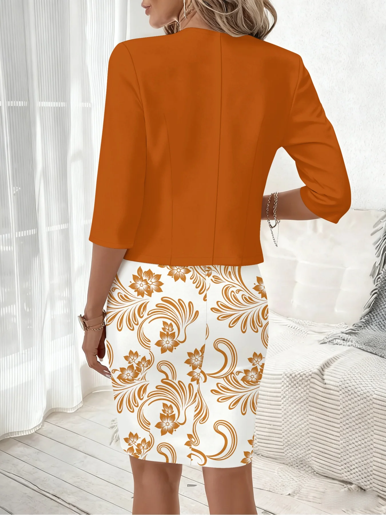 Print Design Casual Style Golden Scroll Floral Print Round Neck Sleeveless Dress Set