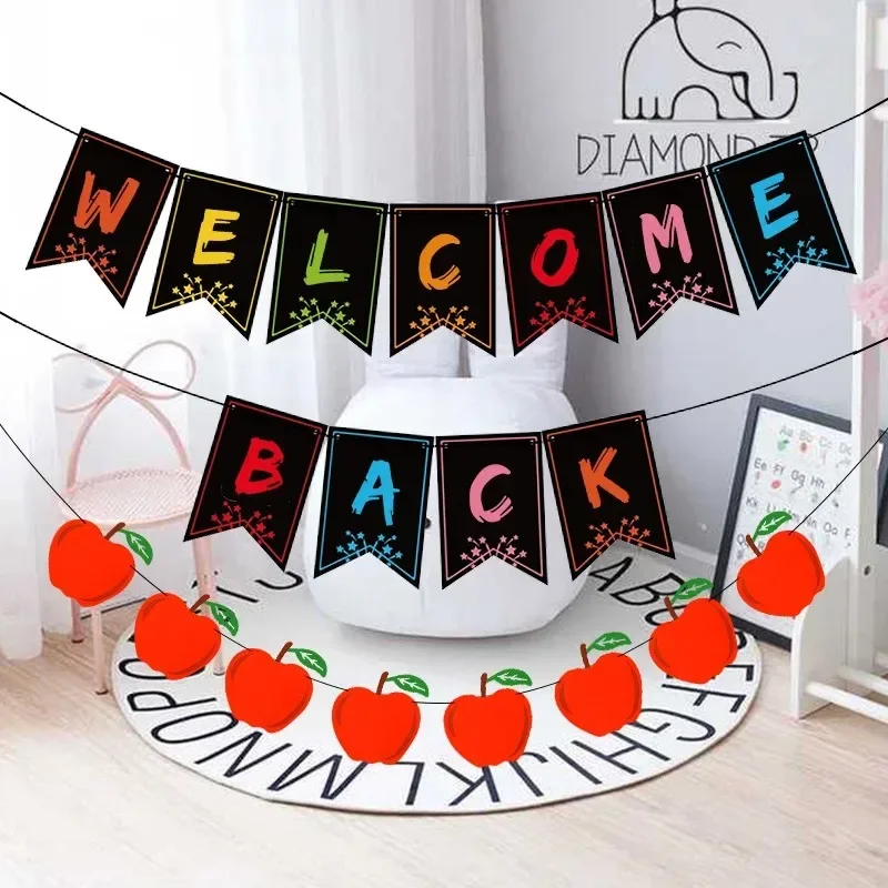 Back To School Season Theme Banner Welcome Back To School Apple Wall Hanging Garland for Classroom Arrangement Decoration