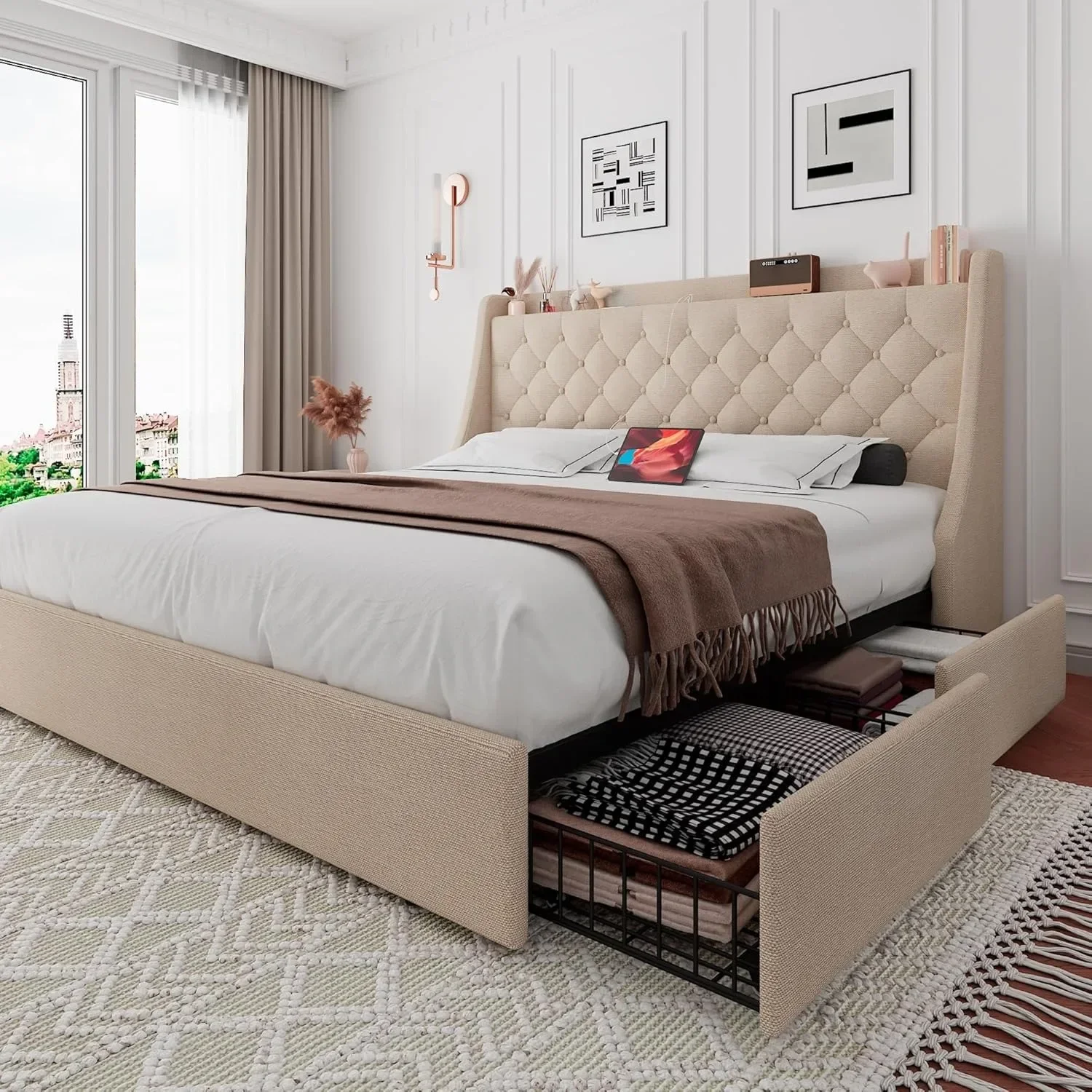 Large bed frame with 4 storage drawers, mattress platform bed frame with Type-C and USB ports, no springs, beige color