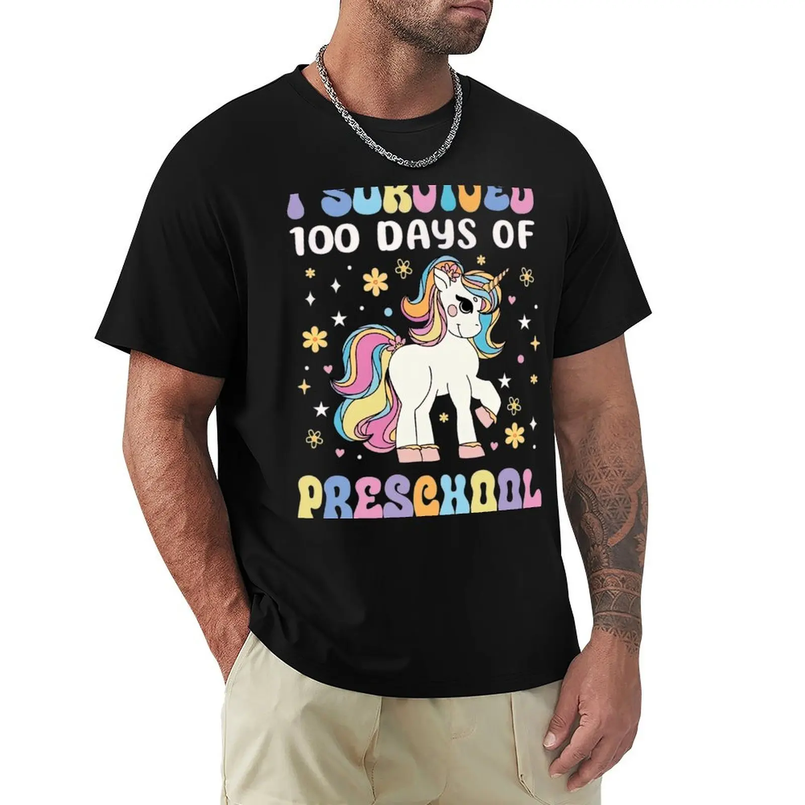 I Survived 100 Days of Preschool Groovy Unicorn Girl Teacher T-Shirt t shirts for man cotton soft T-Shirt
