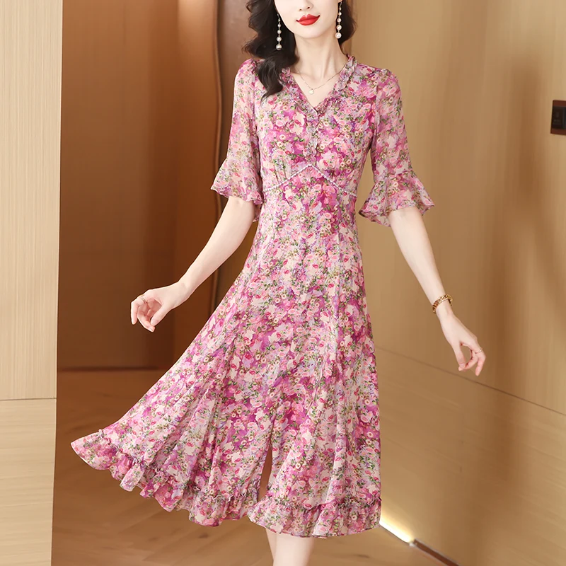 2025 여름 플로럴 시폰 우아한 캐주얼 비치 드레스 실크 시크 V넥 캐주얼 롱 드레스 여성 한국 바디콘 파티 나이트 드레스