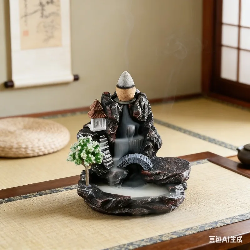 Mountain River Backflow Incense Burner Waterfall Incense Holder with Bridge & Pagoda Decor for Yoga Studio Home Aromatherapy