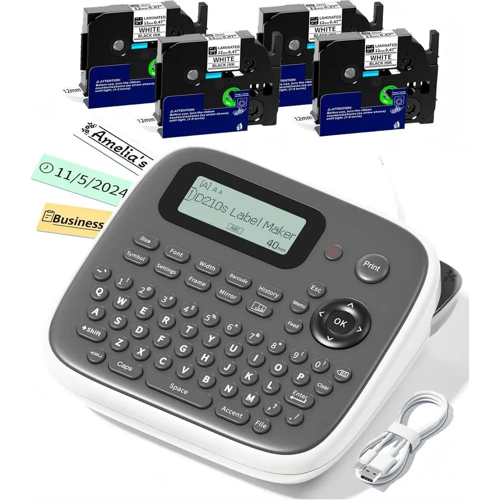 

Desktop Label Printer with 4 Tapes, 12mm Laminated White, Ideal for Labels, Name Tags, and School Supplies