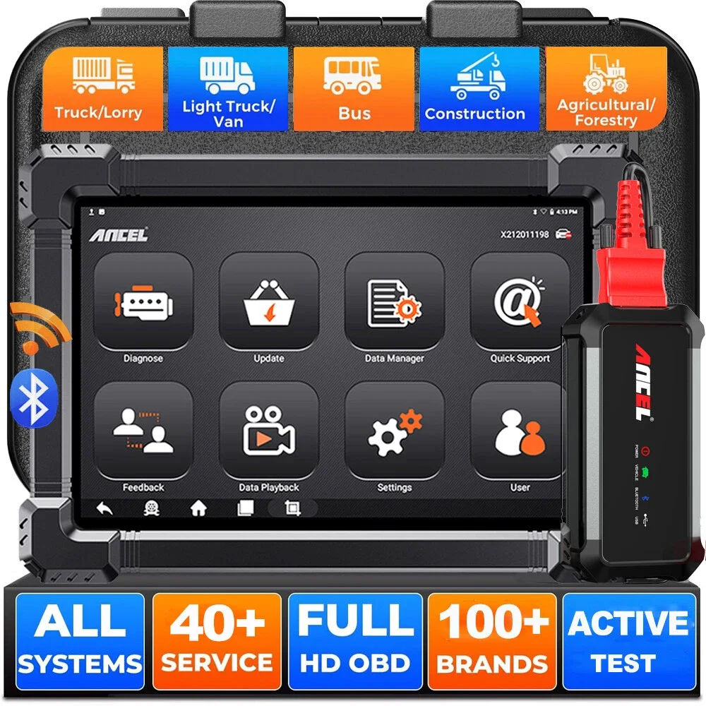 ANCEL X7 HD OBD2 Сверхмощный сканер грузовиков Двунаправленный дизельный диагностический сканер Все системы 40+ Сброс кодирования ЭБУ OBD 12 В 24 В