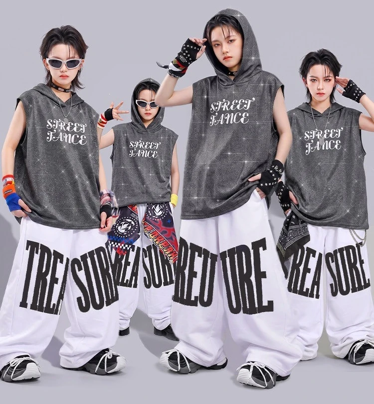 Kids Hip Hip Street Dance Costume Hooded Tops White Pants Summer Jazz Performance Outfits Modern Kpop Y2K Stage Clothes