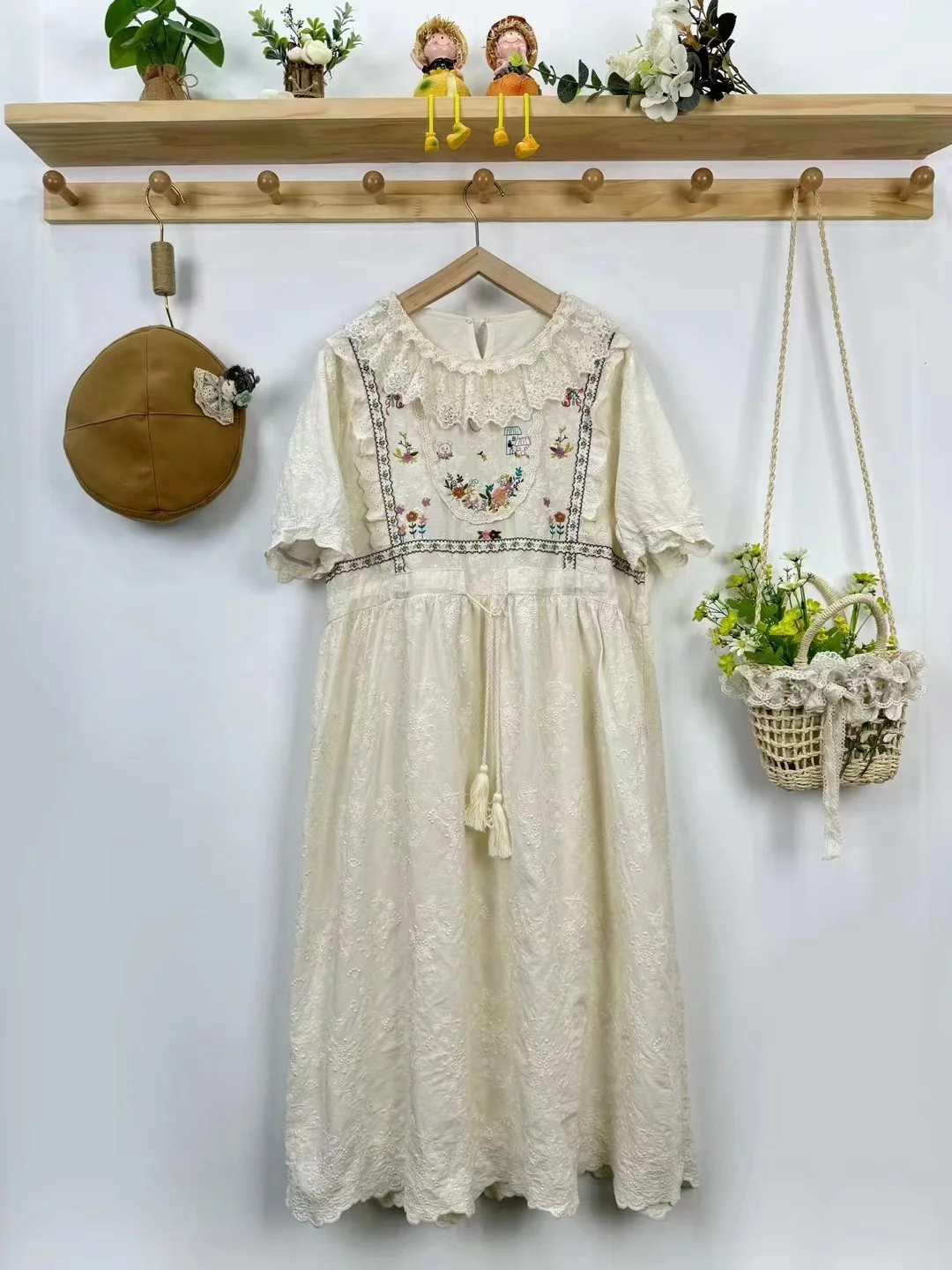 Kawaii Mori Girl Style Flower Embroidery Dress Women Summer Cute Vintage Doll Collar Short Sleeve A Line Beige Long Dress