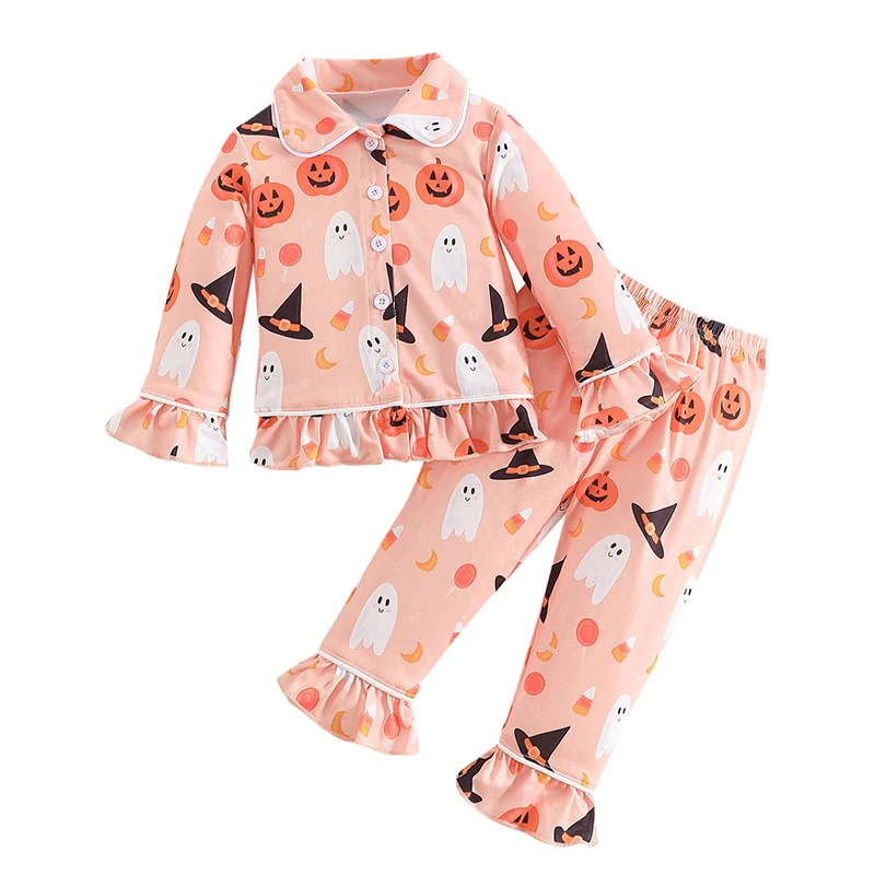 

Girls Halloween Ruffled Pajama Sets Lapel Neck Button-up Tops Long Pant Pumpkin Ghost Print Loungewear Set