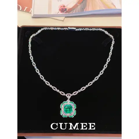 CUMEE 여성용 레트로 럭셔리 디자인 무사 그린 합성 공주 사각 펜던트 목걸이, 925 실버 도금 골드