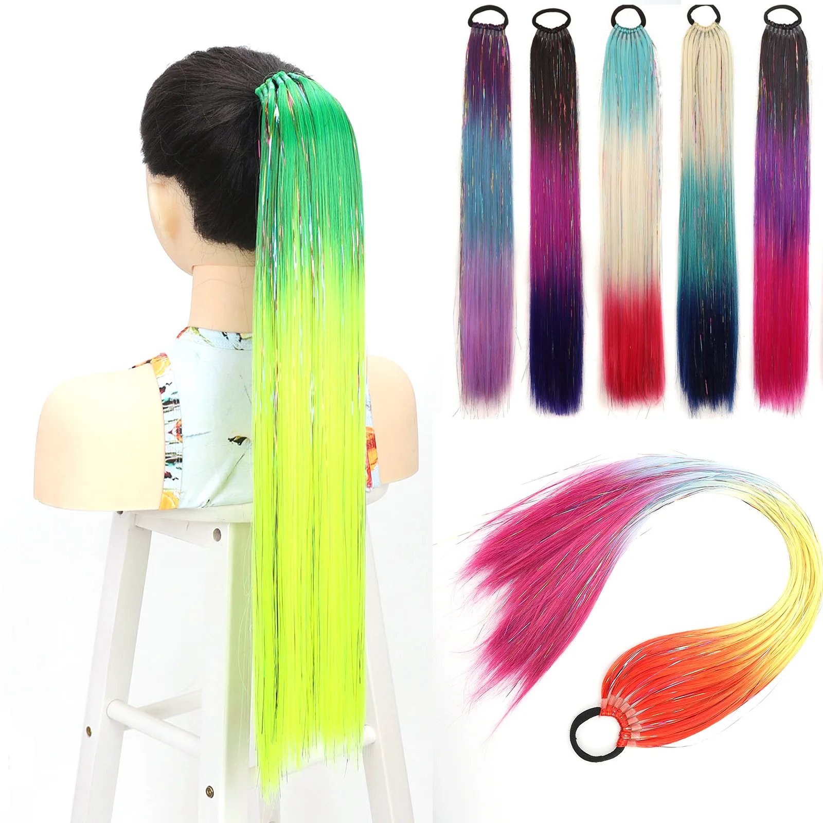 Sparkling Shiny Hair Ponytail Extension Rubber Bands with 9 Strands Rainbow Colored Tinsel Synthetic Hairpiece for Cosplay Party