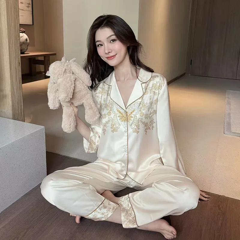 Pajamas Women's Spring and Autumn 2026 New Ice Silk Long-sleeved Butterfly Full Print Set Loungewear