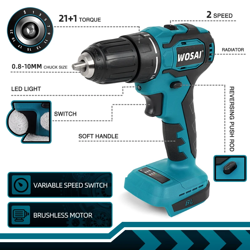 WOSAI MT-Series Brushlessไฟฟ้าเจาะ50N.Mแรงบิดไฟฟ้าไร้สายไขควงเจาะสำหรับ18V Makitaแบตเตอรี่ลิเธียม