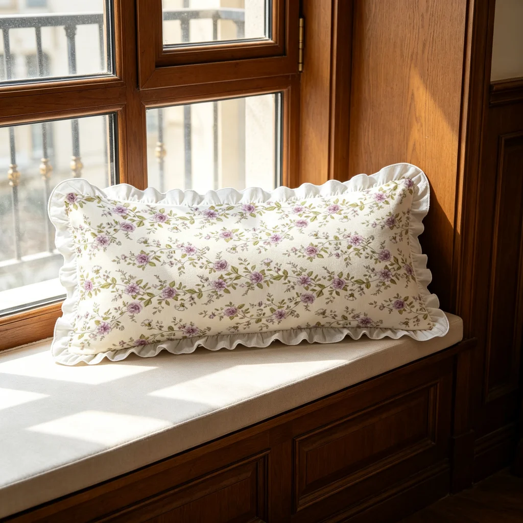 White Purple Rose Print Long Lumbar Pillow Cover, Vintage Mixed Rose, Bedroom Living Room Sofa Bed Decor, Polyester, Home Decor
