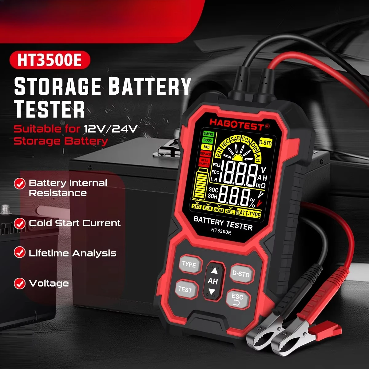HT3500E 12V 24V Car Battery Tester Conductance SOH SOC Test AGM GEL EFB Battery Analyzer High Battery Load Tester Habotest