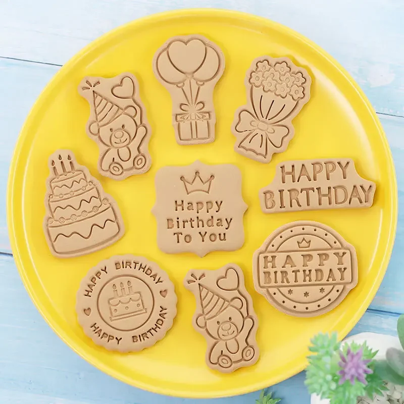 8Pcs/set Happy Birthday Theme Cookie Cutter Cake Bear Flower Biscuit Mold Cookie Stamp Baking Pastry Bakeware for Birthday Party