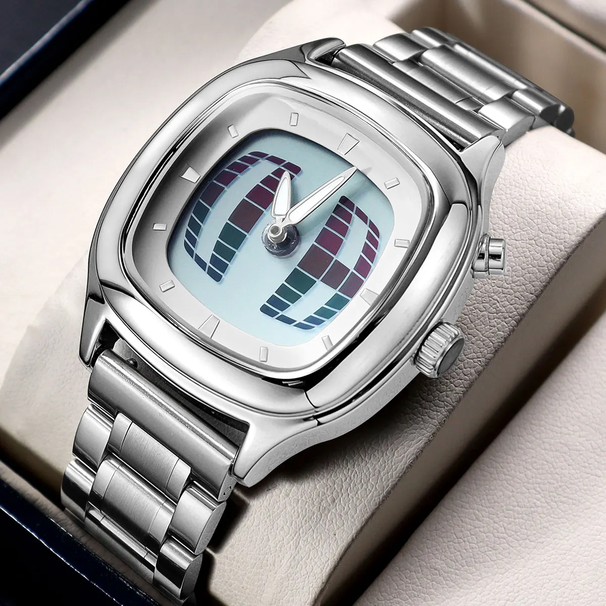 Men's Quartz Watch with Lighting Digital & Dynamic Number Display Retro Creative Futuristic Wristwatch with Stainless Steel Band