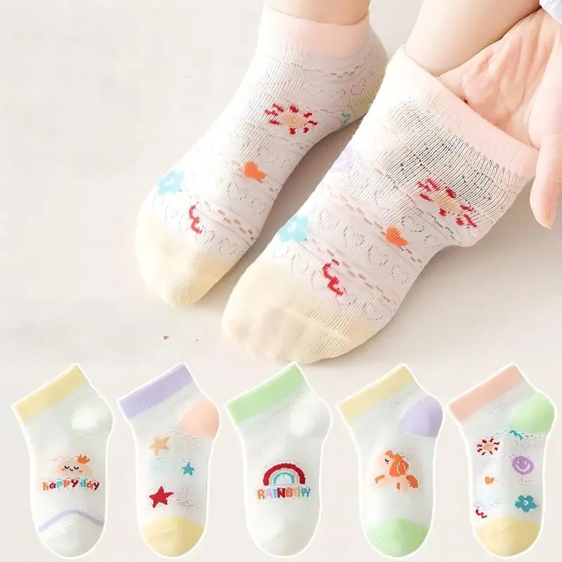 

5 пар детских носков, сетчатые носки до щиколотки, дышащие тонкие летние короткие носки, с милым мультяшным рисунком, мягкие эластичные повседневные носки