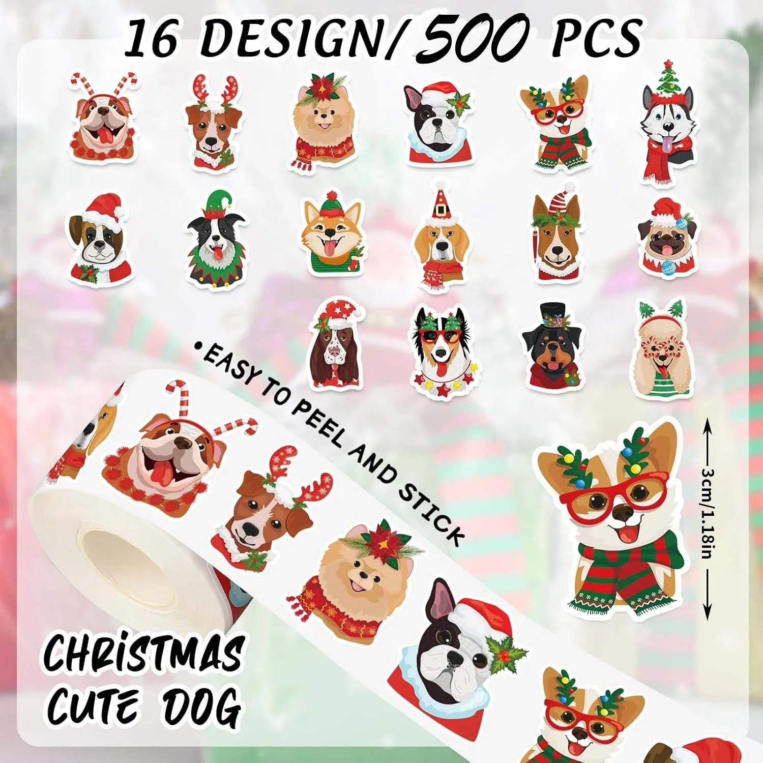 500Pcs Christmas Stickers Xmas Puppy Dogs Self-Adhesive Sticker Decals for Journal Scrapbook Decor Birthday Holiday Party