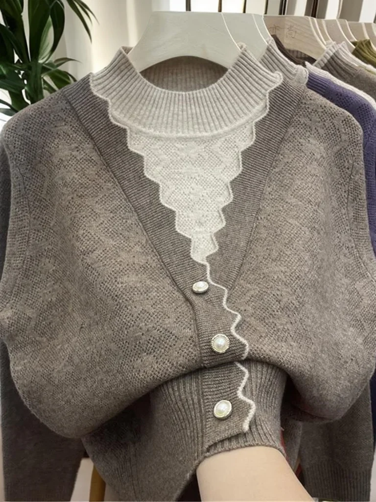 سترة شتوية محبوكة طويلة بياقة عالية لعام 2025، سترة نسائية فضفاضة ذات لون أنيق، تصميم Blo للتنقل...